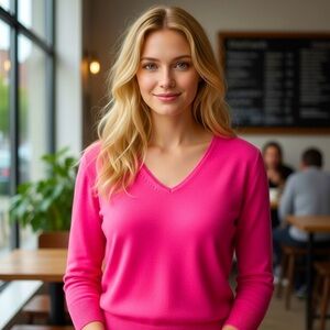 J. Crew Vibrant Pink V-Neck 100% Merino Wool Sweater 3/4 Sleeve Size S #1746 NWT